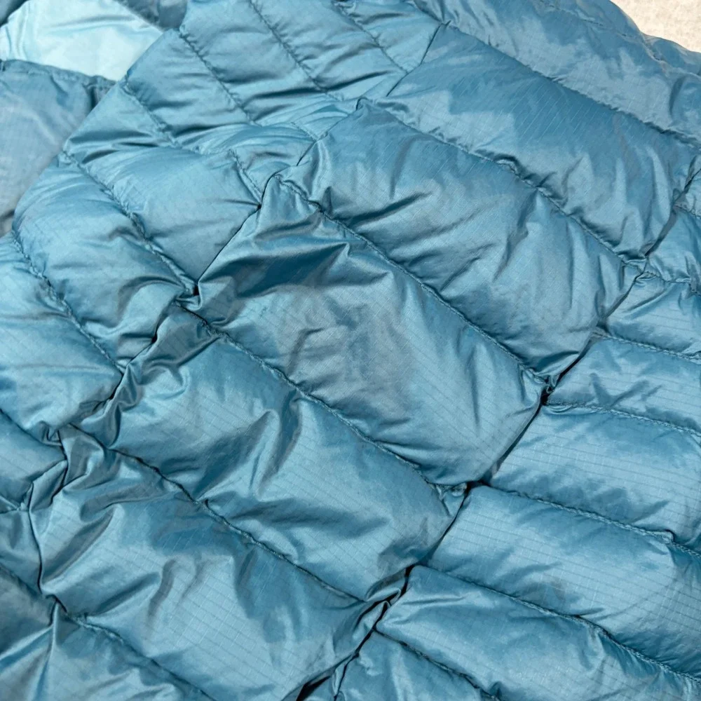 Cotopaxi Fuego Hooded Down Jacket Men Large Blue Orange Yellow Puffer Coat
